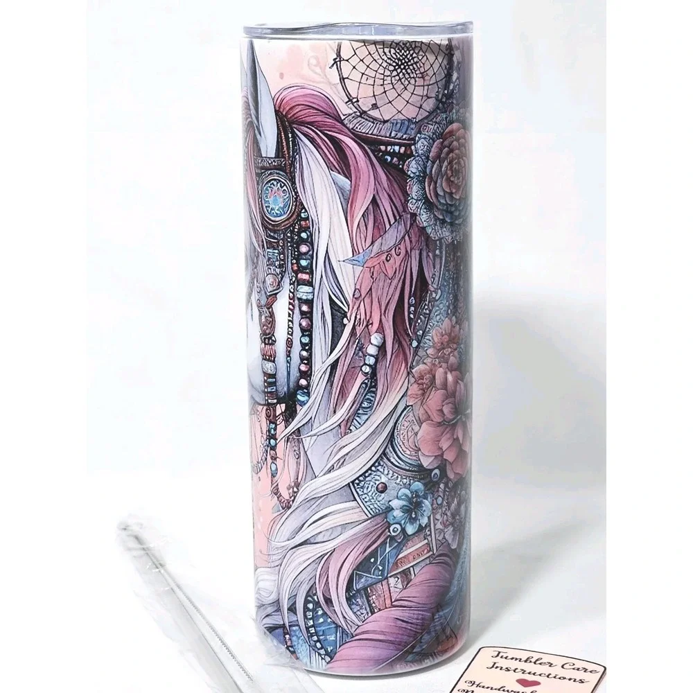 Horse Equestrian Animal Print Flowers Fun 20oz Stainless Steel Skinny Tumbler